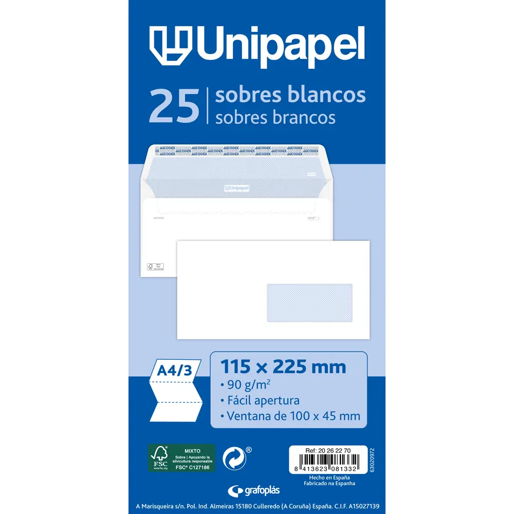 Sobre Unipapel 115x225 90g Blanc O. Fàcil F.Dreta 25u. 