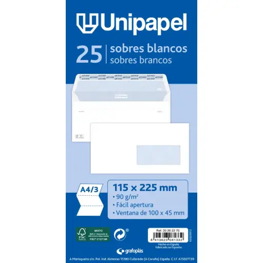 [405165192] Sobre Unipapel 115x225 90g Blanc O. Fàcil F.Dreta 25u. 